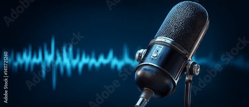 Obraz na płótnie Dynamic podcast microphone with flowing audio waveform on vibrant blue background illustrating modern digital broadcasting and voice‑over production banner w salonie