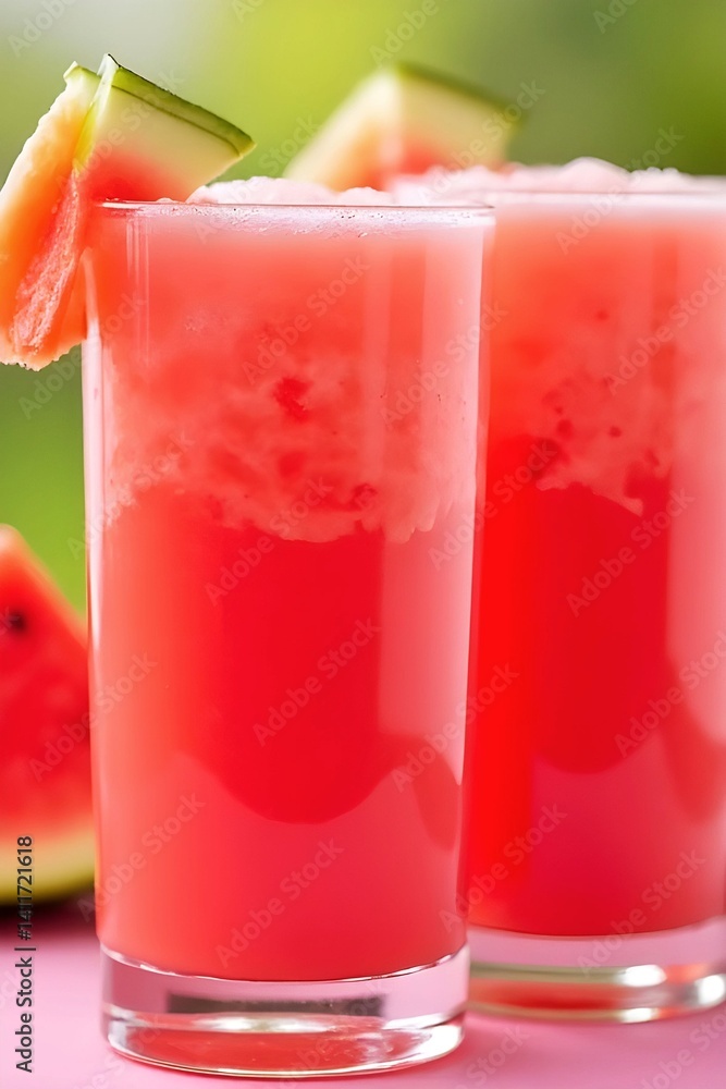 Watermelon smoothie with fresh watermelon slice at the background. Watermelon juice. A refreshing summer beverage. Tropical fruits Watermelon smoothie with fresh watermelon slice at the background. Watermelon juice. A refreshing summer beverage. Tropical fruits