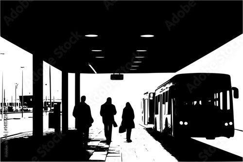 Silhouette of Bus station, Bus station vector illustration