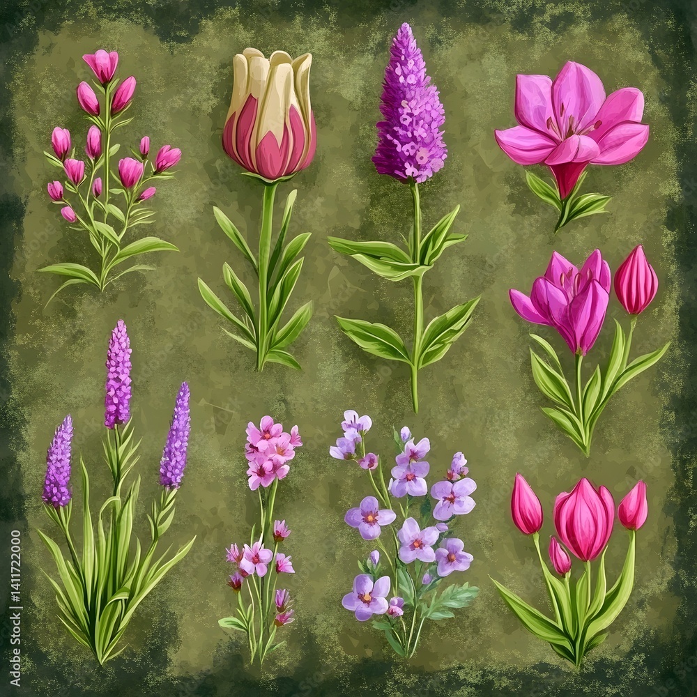 Fototapeta premium Vibrant Spring Flowers Botanical Illustration