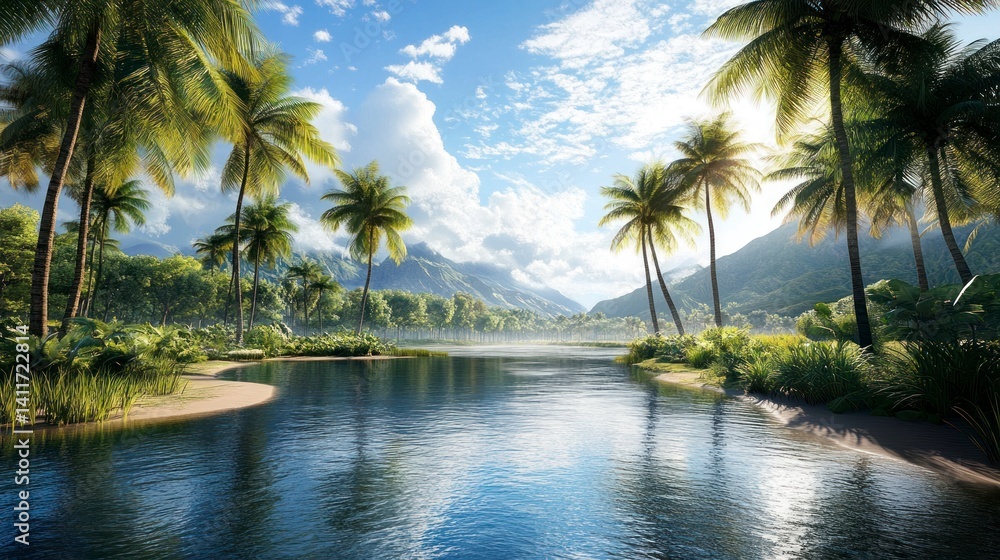 Tropical River Landscape with Palm Trees and Mountain View on Sunny Day Tropical River Landscape with Palm Trees and Mountain View on Sunny Day