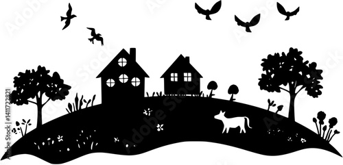 Silhouette of Farmhouse, Farmhouse illustration art