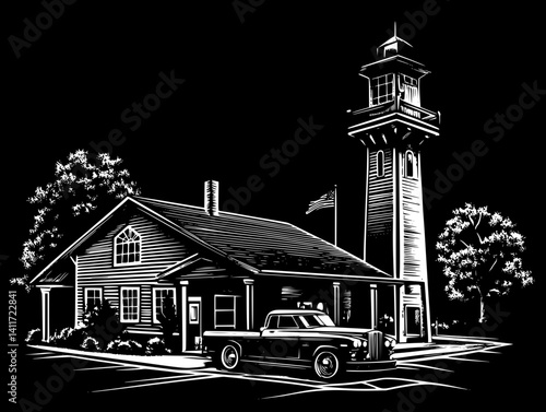 Fire station silhouette design, Fire station illustration art