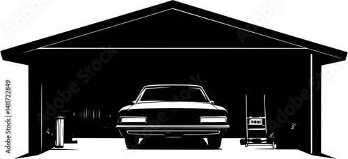 Garage silhouette design, Garage illustration art