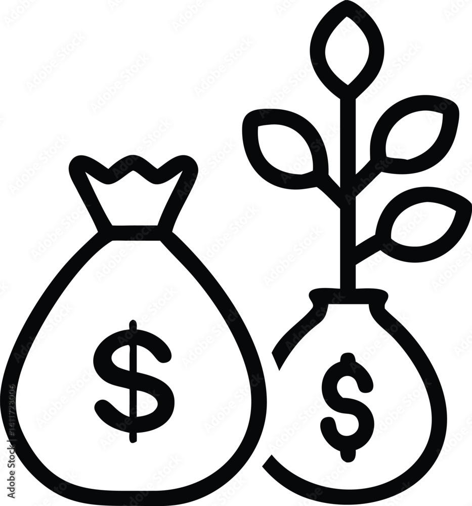 Outline Money Bags Icon with Dollar Sign and Sprout on Transparent Background Outline Money Bags Icon with Dollar Sign and Sprout on Transparent Background