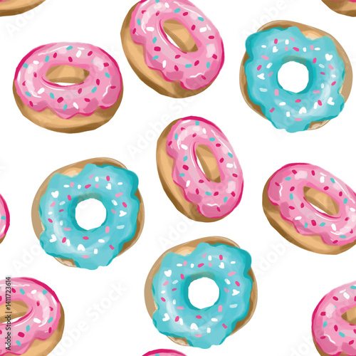 Hand Drawn Seamless Pattern with Pink and Blue Donuts on White Background Cute Sweet Food Design