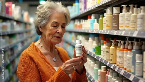 Elderly Woman Reading Medicine Label at Pharmacy Aisle