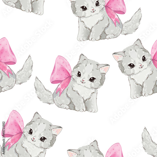 Hand Drawn Cute Cats with Bows Seamless Pattern Adorable Kitty Design on White Background 