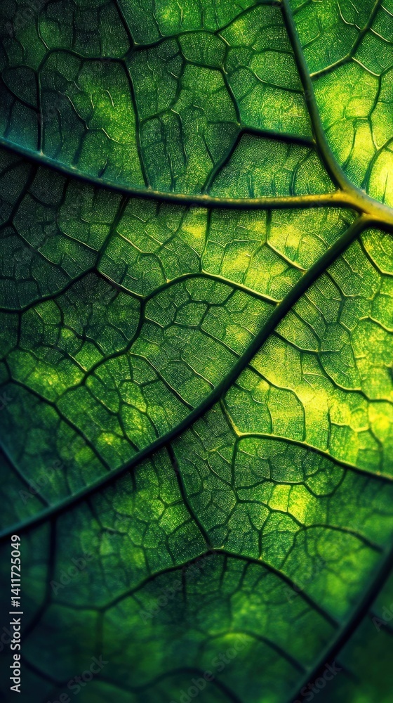 Obraz premium A detailed close-up of a vibrant green leaf showcasing its intricate veins, highlighting the delicate network of textures and patterns that create a stunning natural design.