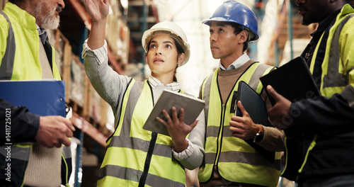Logistics, team and meeting with tablet in warehouse for inspection training, service delivery and quality assurance. Distribution, people and staff briefing for inventory management and compliance