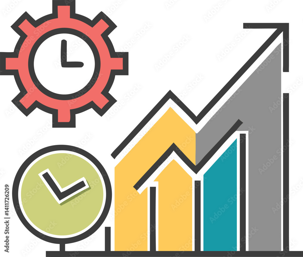 Progress Chart With Gear Clock And Check Mark Clock, on White Progress Chart With Gear Clock And Check Mark Clock, on White