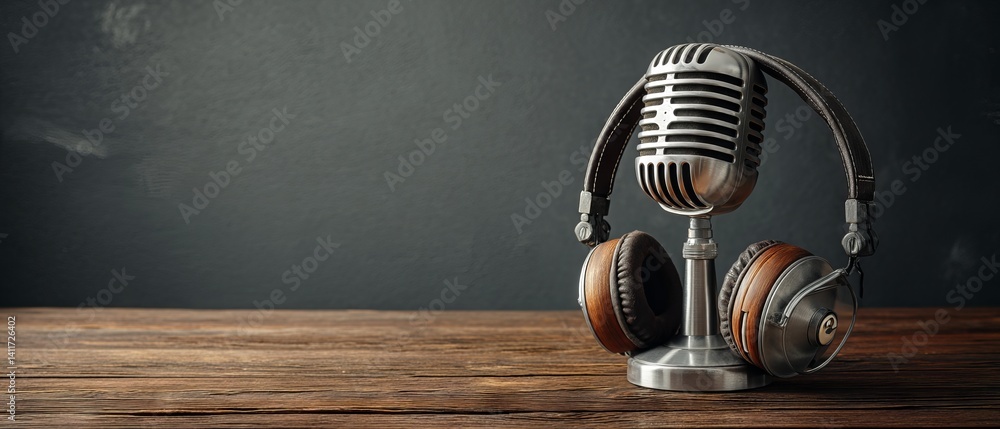 Retro studio microphone and headphones on rustic wooden table against moody dark wall, blank space for branding or text – realistic 3D podcast mock‑up