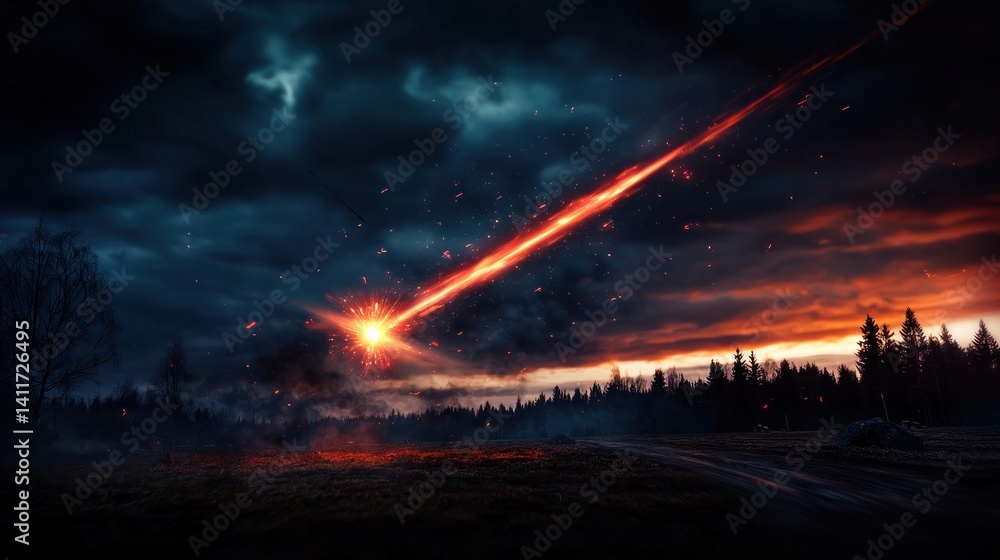 Obraz premium Fiery meteor streaks across a stormy night sky over a forest