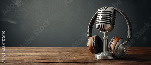 Obraz na płótnie Retro studio microphone and headphones on rustic wooden table against moody dark wall, blank space for branding or text – realistic 3D podcast mock‑up w salonie