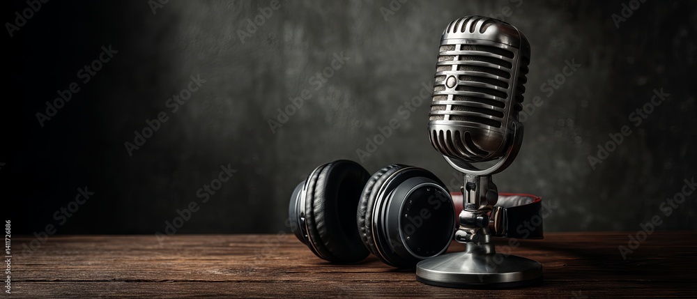 Retro studio microphone and headphones on rustic wooden table against moody dark wall, blank space for branding or text – realistic 3D podcast mock‑up