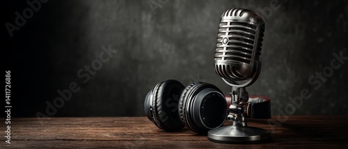 Obraz na płótnie Retro studio microphone and headphones on rustic wooden table against moody dark wall, blank space for branding or text – realistic 3D podcast mock‑up w salonie