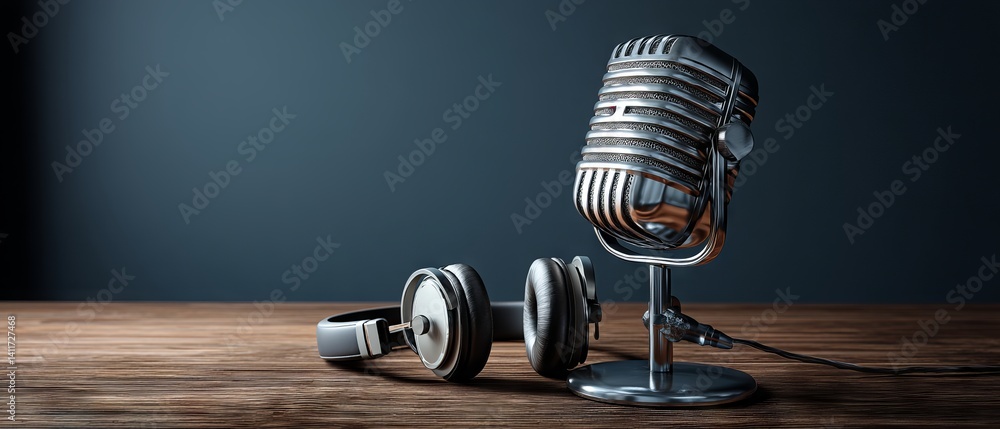 Retro studio microphone and headphones on rustic wooden table against moody dark wall, blank space for branding or text – realistic 3D podcast mock‑up