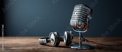 Obraz na płótnie Retro studio microphone and headphones on rustic wooden table against moody dark wall, blank space for branding or text – realistic 3D podcast mock‑up w salonie