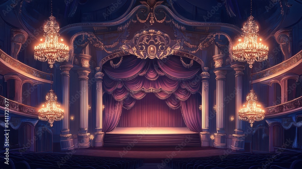 Obraz premium Grand, ornate theater stage with opulent chandeliers.