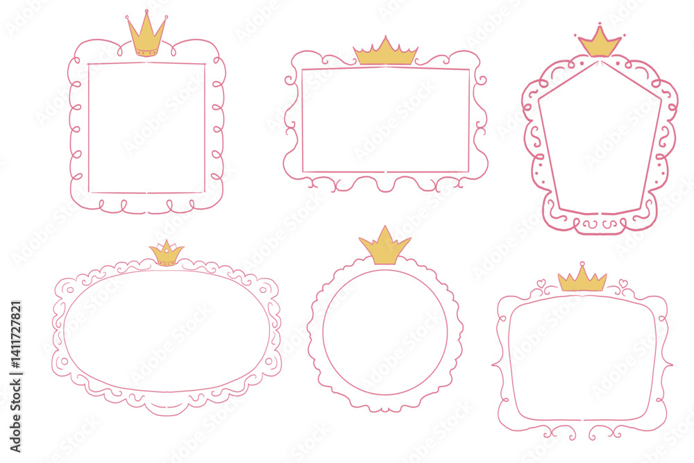 Princess cute pink frame sketch with crown swirl decorations. Simple doodle hand drawn border. Whimsical elegant vintage. Princess cute pink frame sketch with crown swirl decorations. Simple doodle hand drawn border. Whimsical elegant vintage.