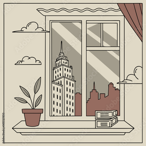 a windowsill with a retro city skyline outside