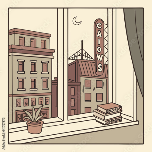 a windowsill with a retro city skyline outside