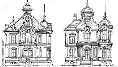 Two Baroque style Hunting lodges designs, Baroque style Hunting lodges vector graphic