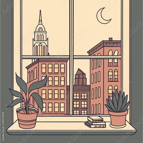 a windowsill with a retro city skyline outside