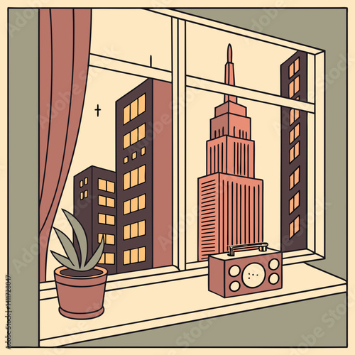 a windowsill with a retro city skyline outside