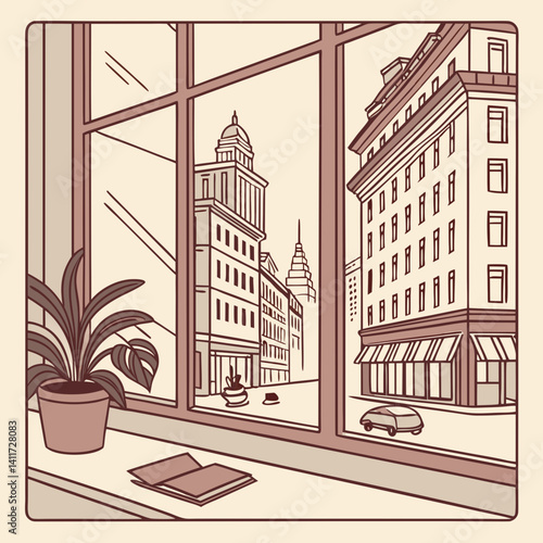 a windowsill with a retro city skyline outside