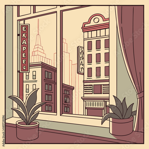a windowsill with a retro city skyline outside