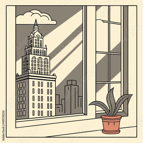 a windowsill with a retro city skyline outside