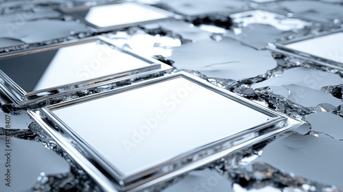 Obraz na płótnie Reflective Silver Frames on a Textured Metallic Surface w salonie