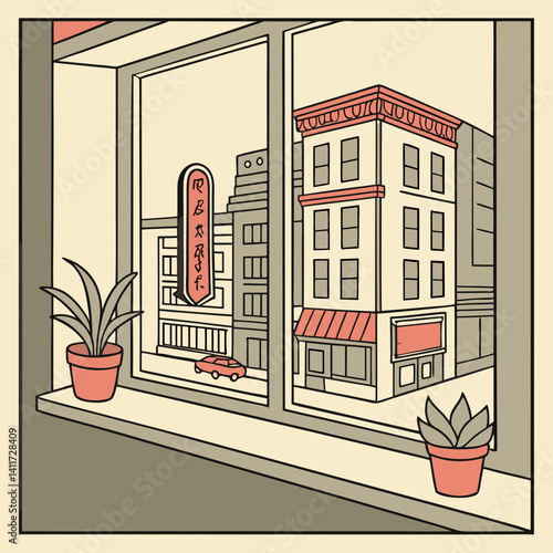 a windowsill with a retro city skyline outside