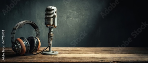 Obraz na płótnie Retro studio microphone and headphones on rustic wooden table against moody dark wall, blank space for branding or text – realistic 3D podcast mock‑up w salonie