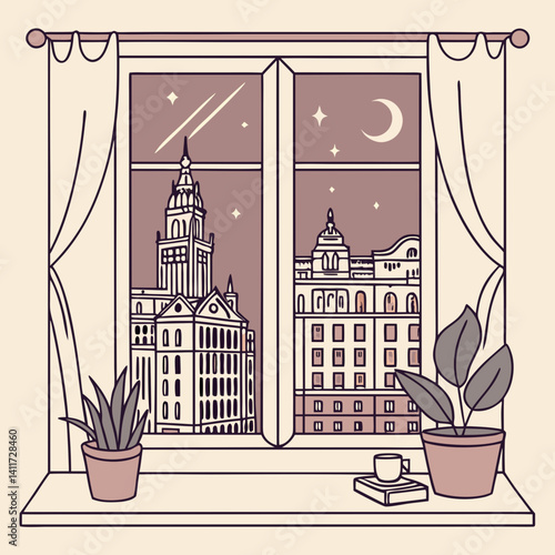 a windowsill with a retro city skyline outside