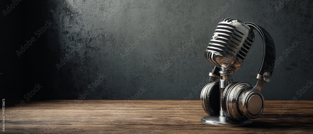Retro studio microphone and headphones on rustic wooden table against moody dark wall, blank space for branding or text – realistic 3D podcast mock‑up