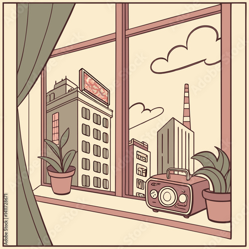 a windowsill with a retro city skyline outside