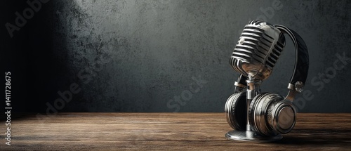 Obraz na płótnie Retro studio microphone and headphones on rustic wooden table against moody dark wall, blank space for branding or text – realistic 3D podcast mock‑up w salonie