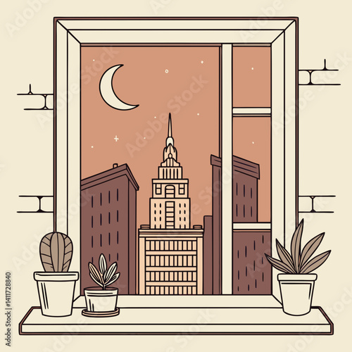a windowsill with a retro city skyline outside