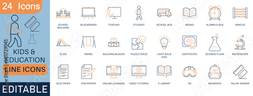 Editable line icon set featuring 24 school and learning-related icons like student, teacher, books, e-learning, VR, and more. Perfect for apps, websites, and educational projects.