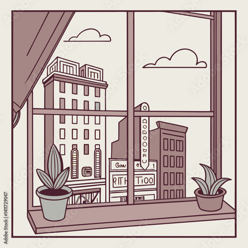 a windowsill with a retro city skyline outside