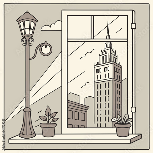 a windowsill with a retro city skyline outside