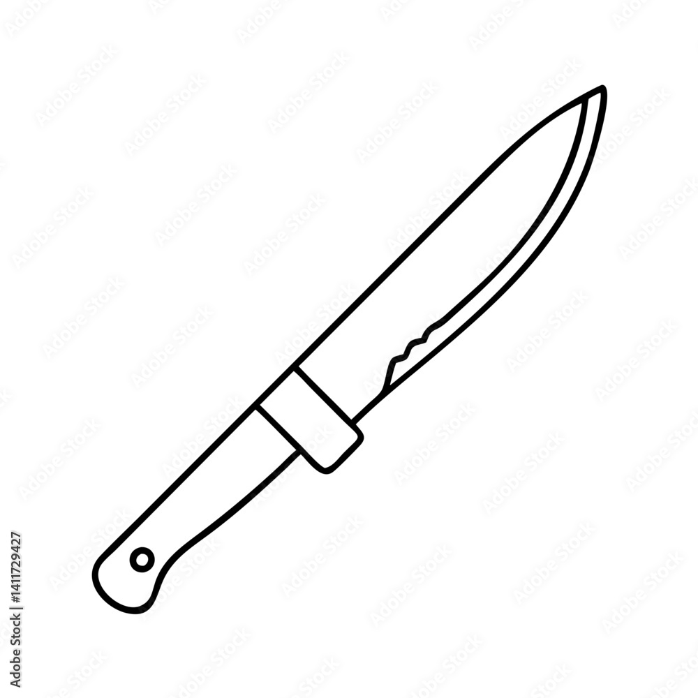 Line drawing of a serrated blade knife with a wooden handle Line drawing of a serrated blade knife with a wooden handle