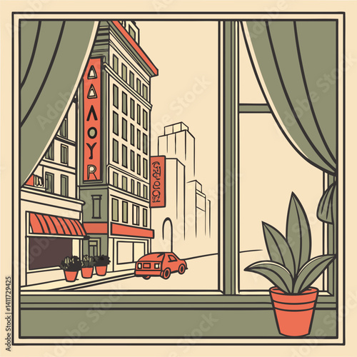 a windowsill with a retro city skyline outside