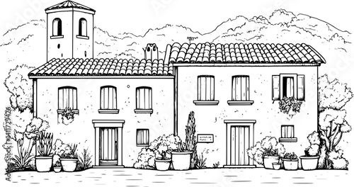 Two Mediterranean style Terrace homes designs, Mediterranean style Terrace homes vector graphic