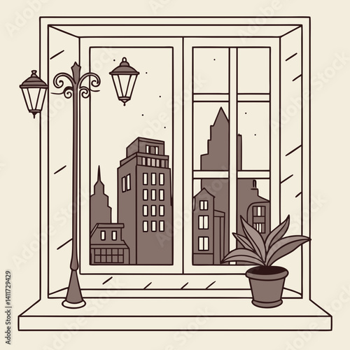 a windowsill with a retro city skyline outside