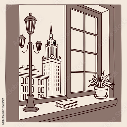 a windowsill with a retro city skyline outside