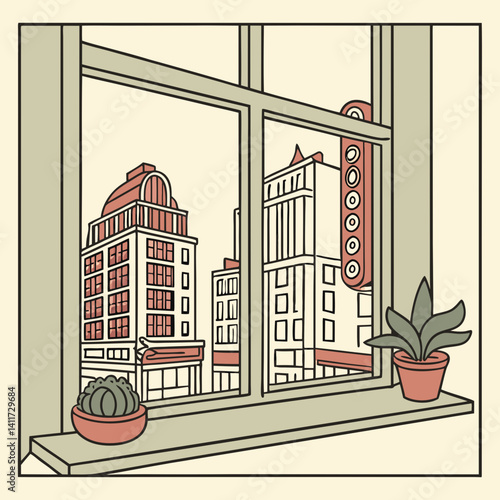 a windowsill with a retro city skyline outside