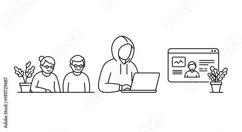 Scammer Deceiving Vulnerable Seniors Using Laptop  